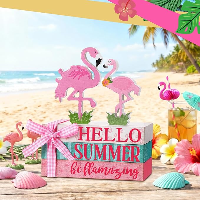 Geelin 4 Pcs Flamingo Wooden Book Stack Decor, Summer Faux Books for Home Table Centerpiece, Hello Summer Flamingos Tiered Tray Decorations Rustic Farmhouse Pink Flamingo Decor for Living Room Kitchen
