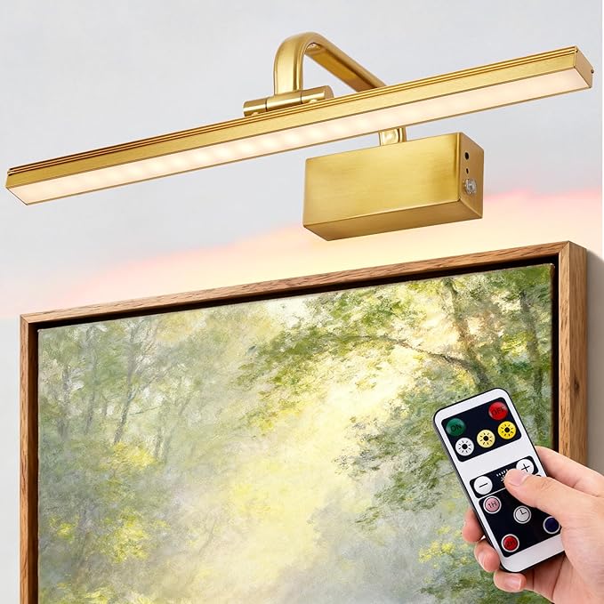 Picture Light,Picture Lights for Wall Cordless,Picture Lights with Timer and Dimmable,Battery Wall Lights for Display Gallery Painting Art Frame Portrait-L Brass