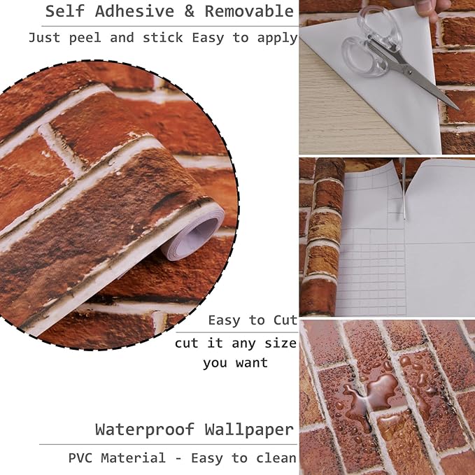 Abyssaly Brick Wallpaper Peel and Stick Red Brick Contact Paper for Bedroom 17.7" X 787.4" Vintage Faux Brick Wallpaper for Fireplace Kitchen Backsplash Accent Wall Home Decoration Brick Wall Backdrop