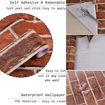 Abyssaly Brick Wallpaper Peel and Stick Red Brick Contact Paper for Bedroom 17.7" X 787.4" Vintage Faux Brick Wallpaper for Fireplace Kitchen Backsplash Accent Wall Home Decoration Brick Wall Backdrop