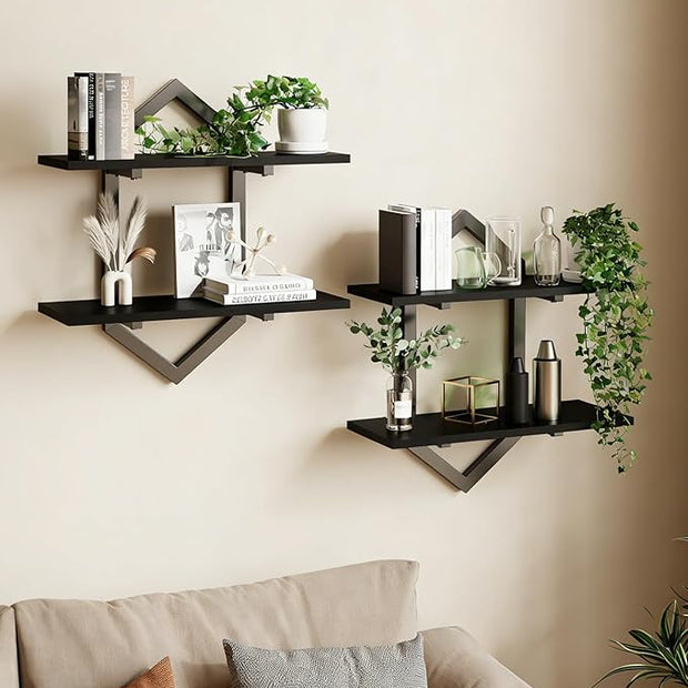 Floating Shelves, Set of 2 Wall Shelf, Wall Mounted Decorative Shelves, 2-Tier Modern Geometric Hanging Storage Shelf for Living Room, Bedroom, Kitchen, Office, Study (Black)