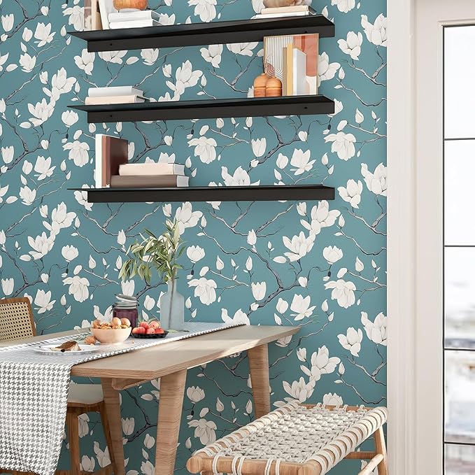 Vintage Floral Wallpaper Peel and Stick Blue Floral Contact Paper for Bedroom Waterproof Self Adhesive Boho Leaf Modern Wall Paper for Cabinets Locker Walls Bookcase Decor 17.5" X 393"