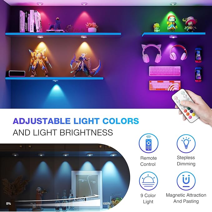 RGB Puck Lights with Remote Control, 2000mAh Battery Operated Tap Lights Rechargeable, 9 Colors & 2 Dynamic Changing Under Cabinet Lighting, Magnetic Stick on Light for Closet(Silver, 3 Pack)
