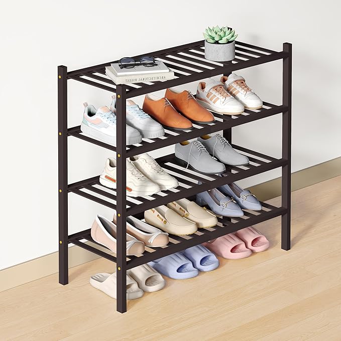Smiry Bamboo Shoe Rack for Closet, 4 Tier Wooden Stackable Shoe Organizer, Free Standing Shoes Storage Shelf for Entryway, Front Door Entrance, Brown