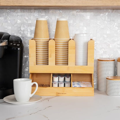 Mind Reader Cup and Condiment Station, Countertop Organizer, Coffee Bar, Kitchen, Bamboo, 13.625"L x 6.75"W x 11.5"H, Brown
