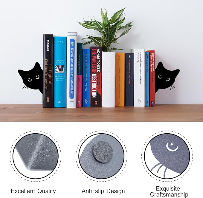 Bookends Metal Cat Book Ends, 1 Pairs Cute Bookends for Shelves Decorative for Home Office Desk Bookshelf Decor (Black, Full-face)