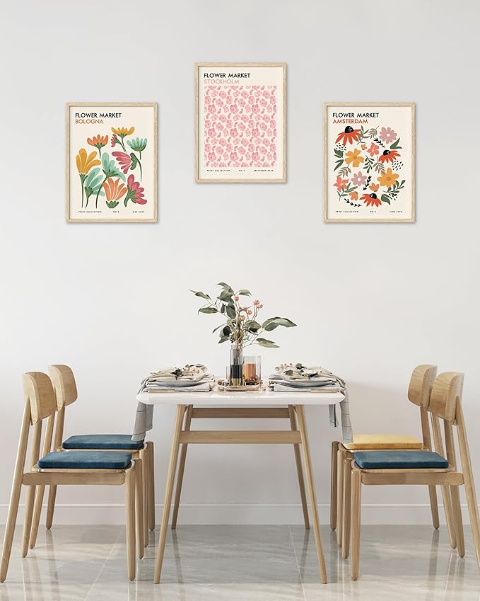HesenDot Unframed Floral Wall Art Set of 3,12x16in Flower Market Canvas Prints,Abstract Botanical Posters Decor,Minimalist Amsterdam Stockholm Bologna Artwork for Living Room Bedroom Office Home