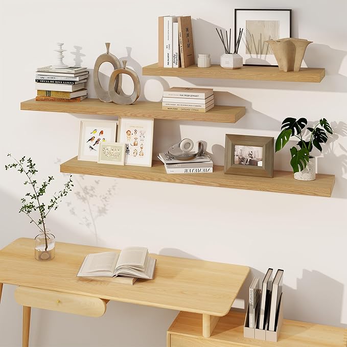 Fun Memories Floating Shelves 55 Inch Long, 8 Deep Floating Shelves for Wall, Large 55 x 8 Display Shelves for Living Room, Kitchen, Wood Deep Wall Shelves for Home Storage, Oak Color, 1 Pack