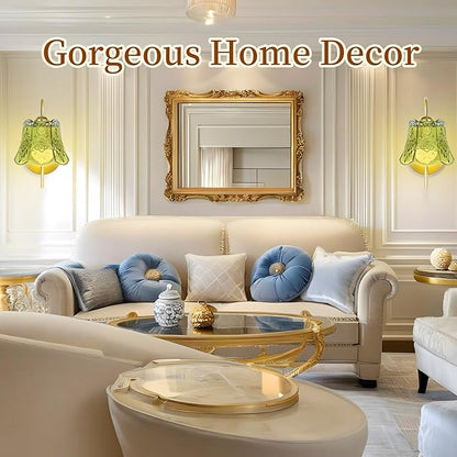 Vintage Battery Wall Sconce with Flower lampshade,Rechargeable Battery Powered Wall Lights,Wall lamp with 15 Colors for Bedroom Living Room Home Decor (Green Rose, 2 Light Battery Operated)