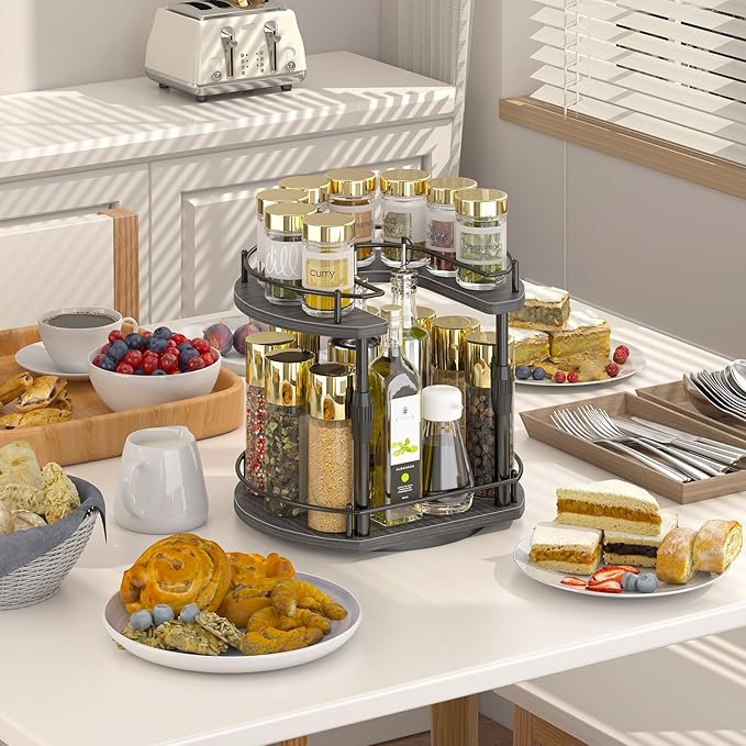 Lazy Susan Spice Rack Organizer For Cabinet With Adjustable Height, 12 inch Rotating Countertop Seasoning Organizer For Tall Bottle, 2-Tier Spining Turntable Spice Holder For Pantry