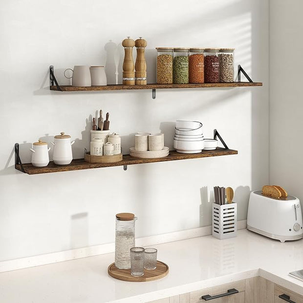 Floating Shelves, 8 Inch Deep Rustic Wood Wall Storage, 48W x 8D Wall Shelves Set of 2, Heavy Duty Metal Brackets, Industrial Book Shelf for Living Room, Kitchen, Bathroom, Bedroom, Brown