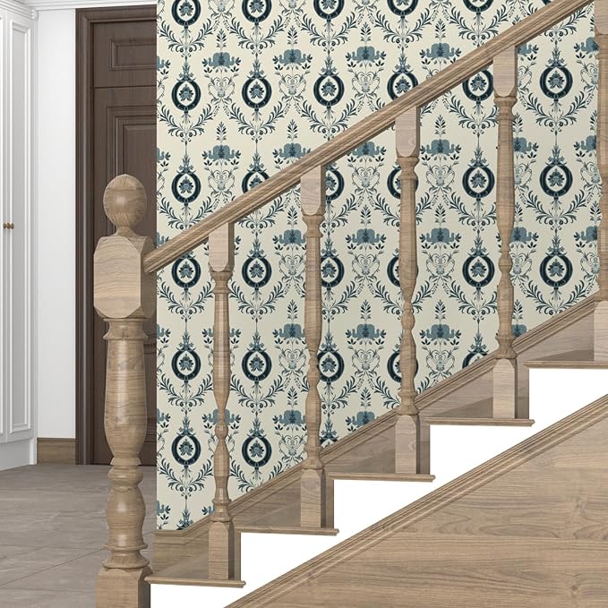 Blue Floral Wallpaper Peel and Stick Vintage Damask Contact Paper 17.5"X118" Vinyl Waterproof Self Adhesive Removable Light Blue Scroll Traditional Style Wall Paper for Bedroom Living Room Cabinets