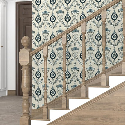 Blue Floral Wallpaper Peel and Stick Vintage Damask Contact Paper 17.5"X118" Vinyl Waterproof Self Adhesive Removable Light Blue Scroll Traditional Style Wall Paper for Bedroom Living Room Cabinets