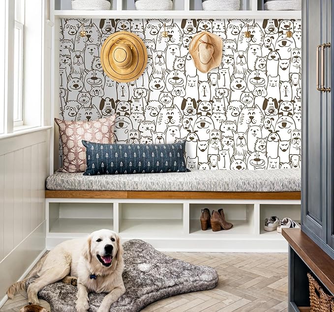 Peel and Stick Wallpaper Modern Brown and White Wallpaper Dog Animal Contact Paper Textured Self Adhesive Removable Wall Paper for Nursery Kids Room Shelf Liner Vinyl Roll 78.7