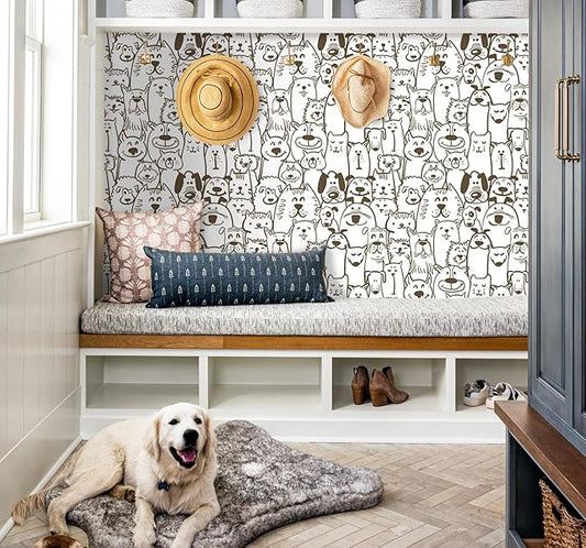 Peel and Stick Wallpaper Modern Brown and White Wallpaper Dog Animal Contact Paper Textured Self Adhesive Removable Wall Paper for Nursery Kids Room Shelf Liner Vinyl Roll 78.7"x197"