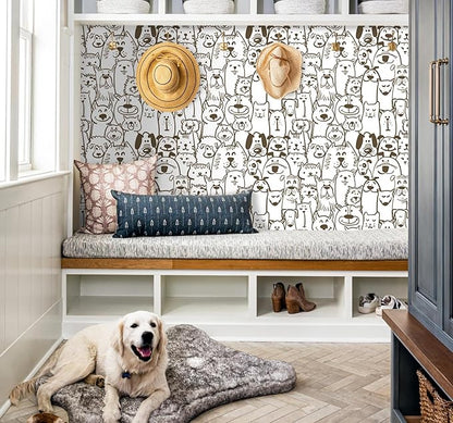 393"x17.3" Peel and Stick Wallpaper Modern Brown and White Wallpaper Dog Animal Contact Paper Textured Self Adhesive Removable Wall Paper for Nursery Kids Room Shelf Liner Vinyl Roll