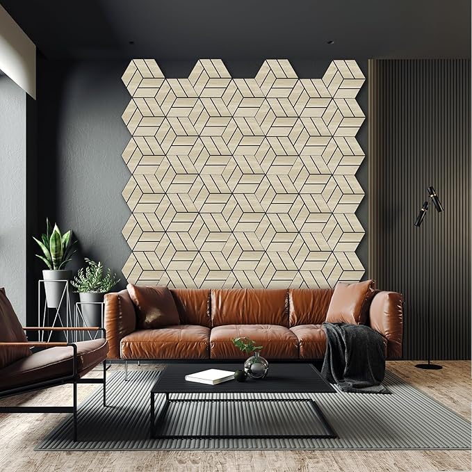 3D Peel and Stick Acoustic Wall Panel – 18-Pack White Maple Soundproof Wood Look Wall Panels for Interior Wall Decor, Hexagon Design