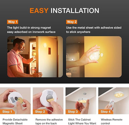Puck Lights with Remote Control, Under Cabinet Lighting with Magnetic, Cordless, 1200mAh Rechargeable Stick On Lights for Under Cabinet, Hallway, Stairway, Closet (Warm White, 6pcs)