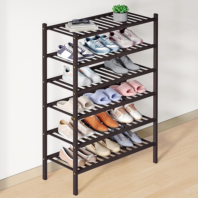Smiry Bamboo Shoe Rack for Closet, 6 Tier Wooden Stackable Shoe Organizer, Free Standing Shoes Storage Shelf for Entryway, Front Door Entrance, Brown