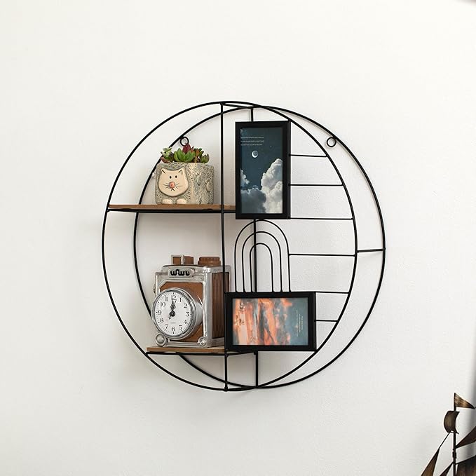 Vintiquewise 2-Tier Decorative Floating Circular Silhouette Wall Shelf with 2 Photo Frames - Circular Metal and Wood Wall-Mounted Shelf for Entryway, Bathroom, Bedroom, and Living Room Decor, Black