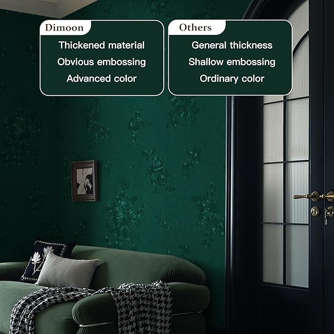 Dimoon 17.7''x393.7''Green Peel and Stick Wallpaper Gothic Floral Wall Paper Contact Paper Closeout Renter Friendly Modern Self Adhesive(393.7''x17.7'', Blackish Green Floral Textured)