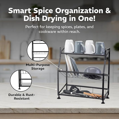 Epsilon 3-Tier Spice Rack and Dish Rack – Vertical Seasoning Organizer with Kitchen Shelf Storage for Efficient Spice Organization & Countertop Dish Drying