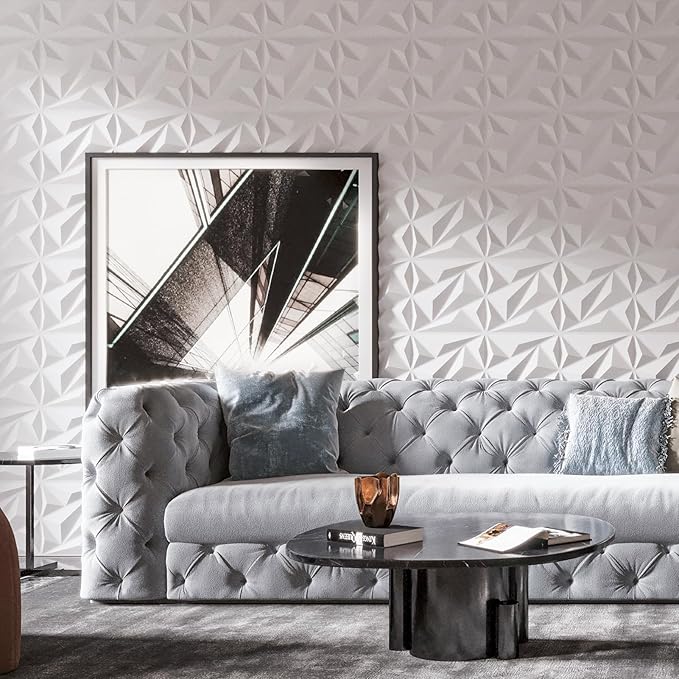 Art3dwallpanels 50 Pack 3D Wall Panel Diamond for Interior Wall Décor, PVC Flower Textured Wall Panels for Living Room Lobby Bedroom Hotel Office, White, 12''x12''