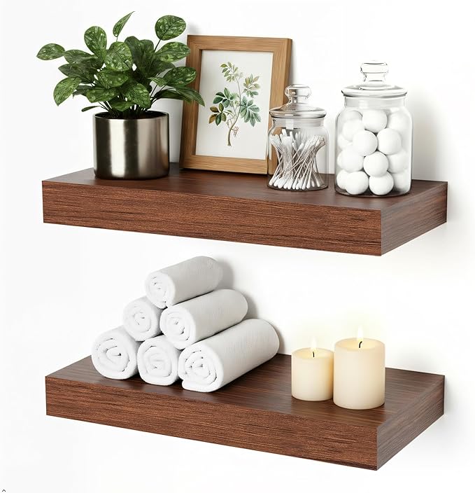 Floating Shelves for Wall, Bathroom Shelves Over Toilet, Wall Shelves & Book Shelf, Hanging Shelf, Modern Wooden Wall-Mounted Small Floating Shelves, 12x7x1.5 in (Walnut-Like, Set of 2)