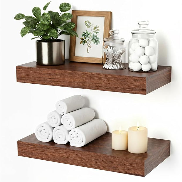Floating Shelves for Wall, Bathroom Shelves Over Toilet, Wall Shelves & Book Shelf, Hanging Shelf, Modern Wooden Wall-Mounted Small Floating Shelves, 12x7x1.5 in (Walnut-Like, Set of 2)