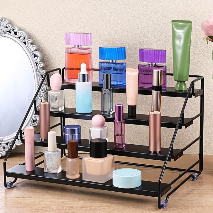 4 Tier Spice Rack for Cabinet, Step Adjustable Spice Shelf, Metal Step Spices Storage Holder with Protection Railing, Seasoning Organizer for Countertop, Cupboard, Pantry