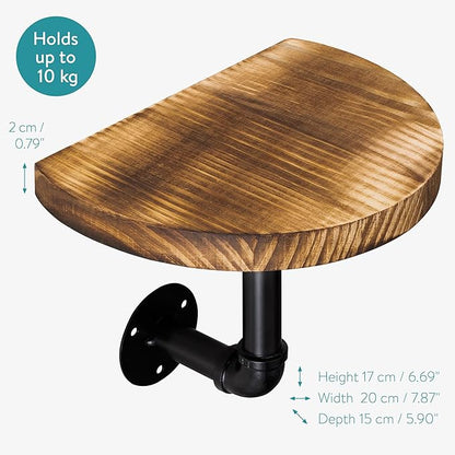 Navaris Industrial Pipe Shelf Set - 3 Small Rounded Wood Shelves with Shelf Brackets - 7.9" x 5.9" Wall-Mounted Wooden Shelving - Size S, Burnt Brown