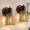 Boho Rattan Wall Sconces Set of 2 - Vanity Lights for Bathroom Farmhouse Wall Light Fixtures with Rotary Switch - Black Indoor Wall Mount Lighting Rustic Lamp for Bedroom Living Room Hallway