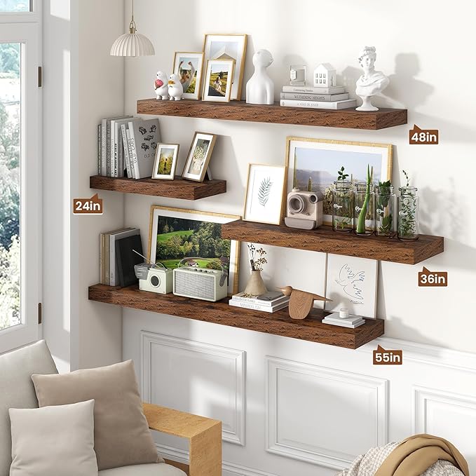 Heimlove 36 Inch Floating Shelves for Wall,10 Deep Brown Wood Shelves with Invisible Brackets,Wall Mounted Storage & Display Shelves for Bedroom,Living Room,Kitchen,Office