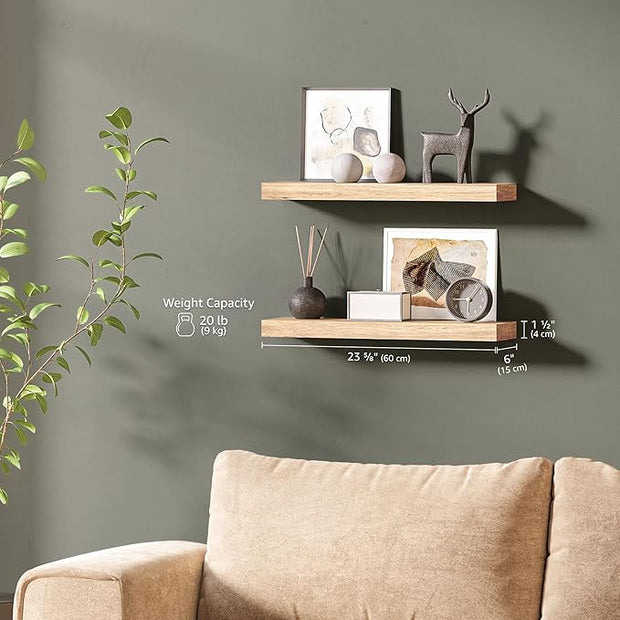 Ballucci Floating Shelves, 24" Wood Wall Shelf Set of 2, Invisible Brackets Floating Shelf Bathroom Wall Decor, Living Room, Bedroom, Kitchen, Nursery, 6" Deep, Natural Oak
