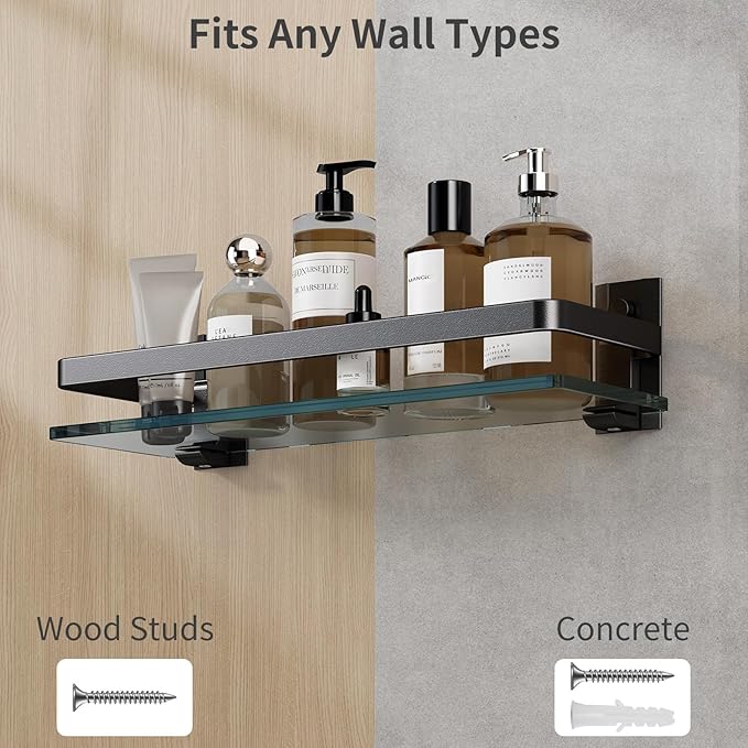 Danpoo Clear Tempered Glass Wall Shelf, Wall-Mounted Organizer for Bathroom, Kitchen(Matte Black)