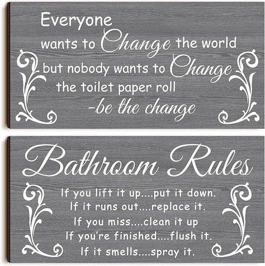Jetec 2 Pieces Funny Bathroom Signs Bathroom Wall Decor Toilet Wall Accessories Farmhouse Toilet Rustic Wooden Signs, 12x6 Inch(Elegant Style)