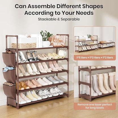 Shoe Rack for Closet Shoe Organizer Space Saver Storage for 20-25 Pair Shoe Shelf with Hook and Side Pocket Free Standing 5 Tier Shoe Rack Organizer for Entryway,Small Spaces, Brown