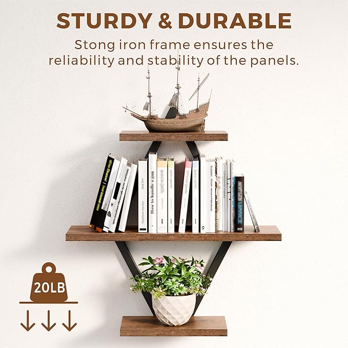 Floating Shelves, Wall Shelf Set of 2, Wall Mounted Shelves, 3-Tier Hanging Wall Shelves for Bathroom, Living Room, Bedroom, Kitchen, Office (Rustic Brown)