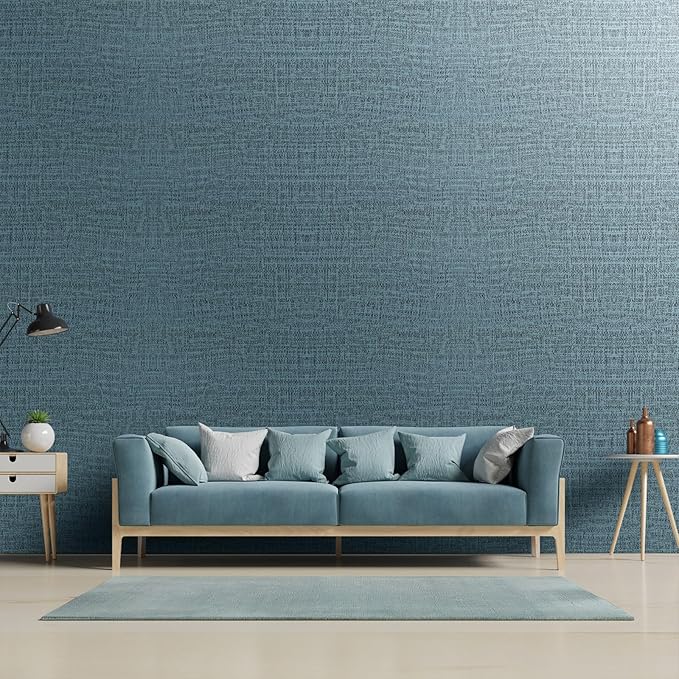Yancorp 10ft Textured Fabric Teal Blue Wallpaper Faux Grasscloth Green Peel and Stick Self-Adhesive Linen Removable Wallpaper Cabinets Counter Top Liners