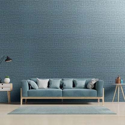 Yancorp 10ft Textured Fabric Teal Blue Wallpaper Faux Grasscloth Green Peel and Stick Self-Adhesive Linen Removable Wallpaper Cabinets Counter Top Liners