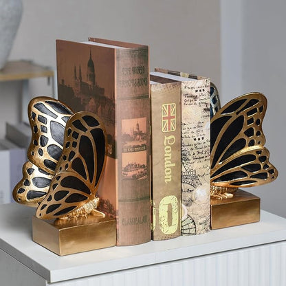 Vintage Brass Butterfly Bookends,Resin Book Ends for Shelves,Heavy Duty Decorative Bookends,Creative Book Stopper Holder Decor for Desk Home Office,Shelf Decoration,Gifts for Mother's Day