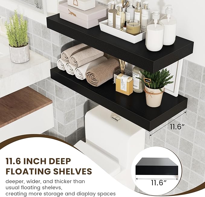30 Inch Floating Shelves | 12 Inch Deep Black Floating Shelves Set of 2 | 30