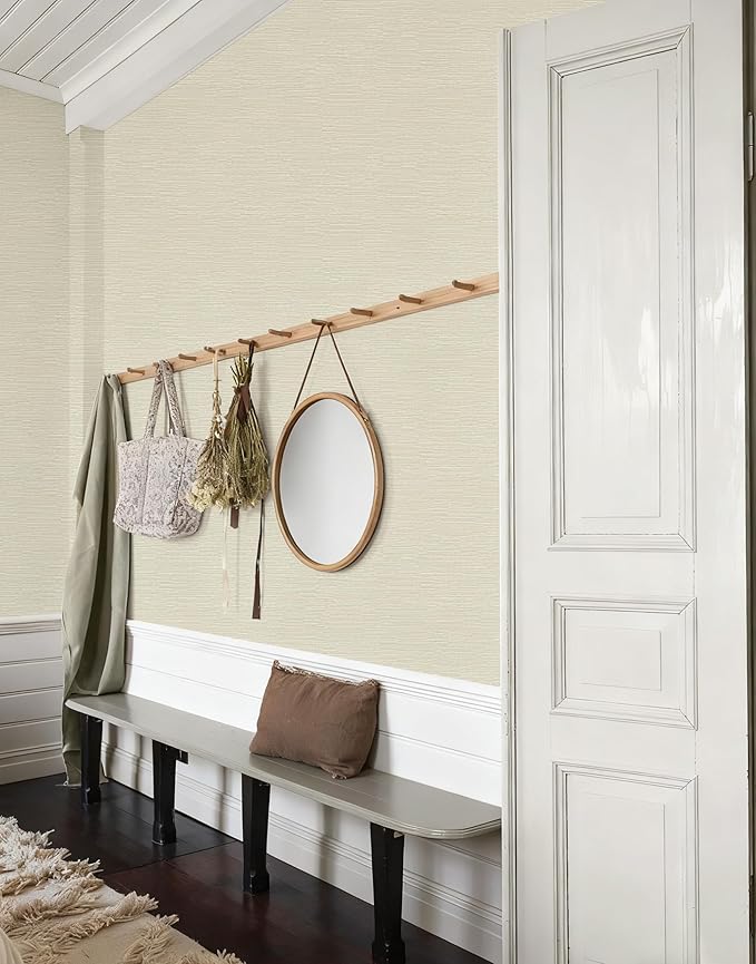 20.8" x 196.8" Textured Wallpaper, Beige Grasscloth Peel and Stick Wallpaper for Bedroom Bathroom Laundry Room RV Stick and Peel Wall Paper Thickened