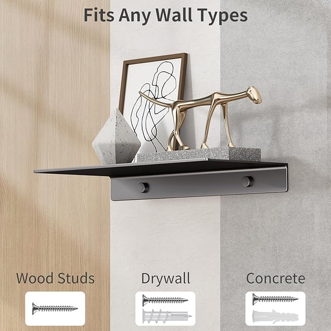 Danpoo Metal Wall Shelf, Black Floating Shelf, Small Bathroom Shelf, 12" Display Shelves for Wall Storage