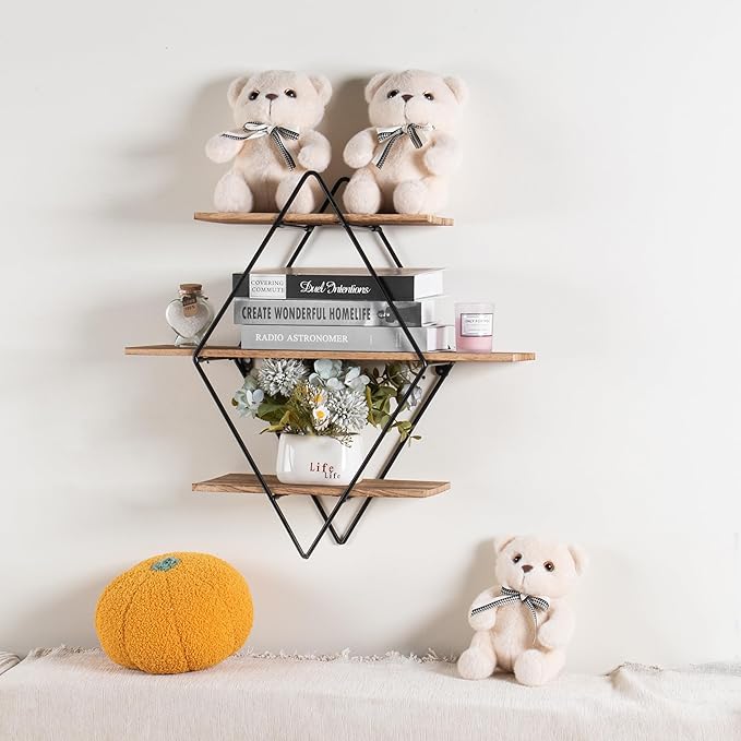 Modern Wooden Floating Wall Shelf Decor for Wall Storage – Geometric Design Decorative Wall Mount 3-Tier Hanging Shelf Plant Display for Bedroom, Living Room, Bathroom, Kitchen