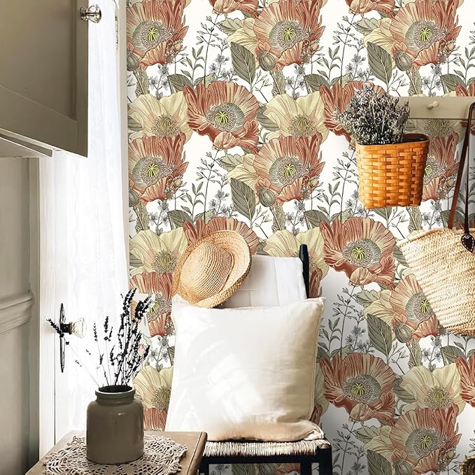 Livebor Floral Wallpaper Peel and Stick Boho Large Floral Peel and Stick Wallpaper Vintage Multicolor Flower Contact Paper 17.7'' x 393.7'' Self Adhesive Wall Paper for Bathroom Wall Covering Decor