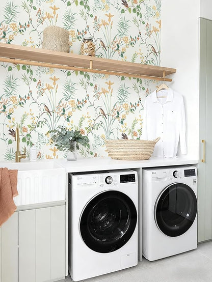 Erfoni 16.9" x118" Boho Floral Peel and Stick Wallpaper Colorful Floral and Birds Contact Paper DIY Self Adhesive Removable Wallpaper for Bedroom Cabinet Decor Modern Flower Leaf Wall Paper Vinyl Roll
