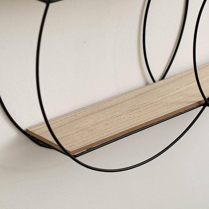 Vintiquewise Interlinked Round Wall-Mounted Shelf - Dual-Size Circular Design, Sturdy Metal Frame and 2-Tier Wooden Shelves for Modern Decor, Home Organization and Practical Storage Solutions, Black