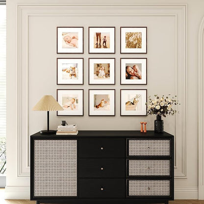 12x12 Picture Frame Set of 9, Display Pictures 8x8 with Mat or 12x12 without Mat, Multi Collage Gallery Square Photo Frames for Wall or Tabletop, Brown
