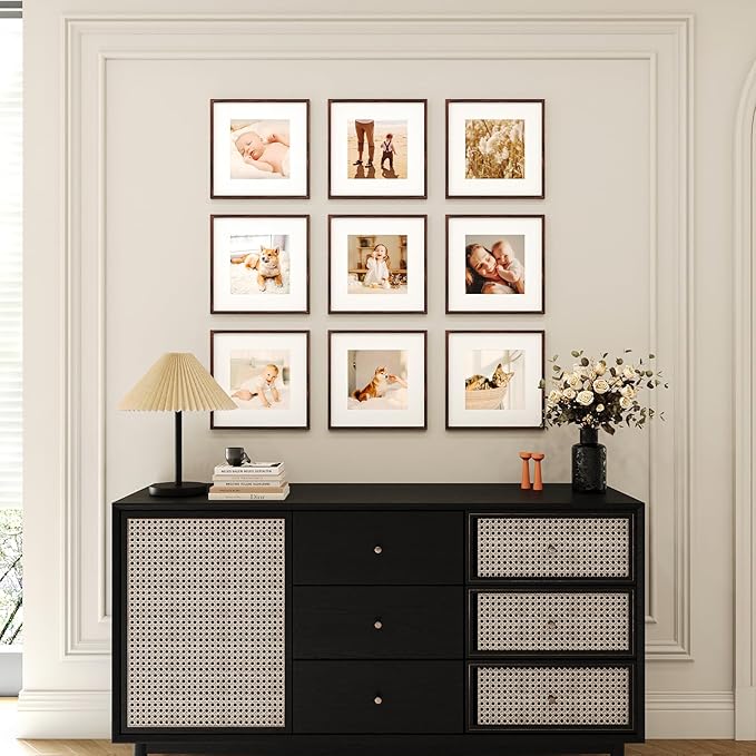 10x10 Picture Frame Set of 9, Display Pictures 8x8 with Mat or 10x10 without Mat, Multi Collage Gallery Square Photo Frames for Wall or Tabletop, Brown